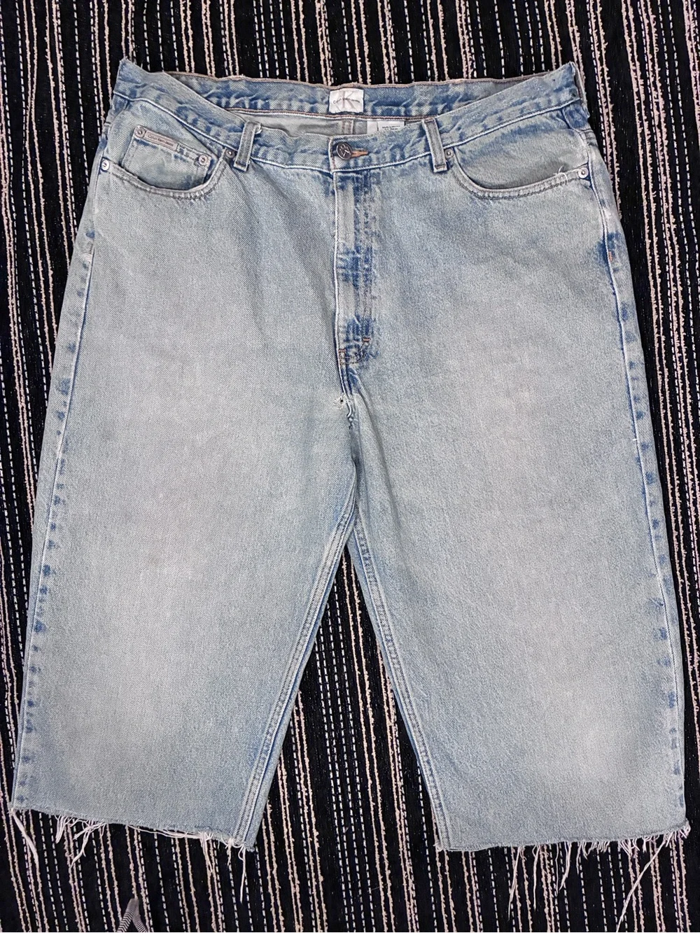 Calvin Klein Light Blue Denim Shorts with Leather Patch - Picture 5 of 8